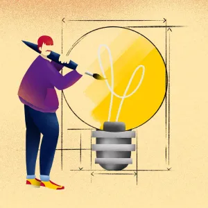 An illustrated person paints a sketchy light bulb with an oversized brush