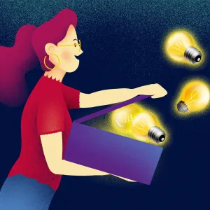 Illustration einer Frau mit körnigen Schattierungen, die Frau hält den Deckel einer Blox auf, aus der leuchtende Glühbirnen fliegen