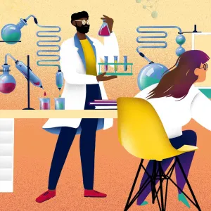Illustrated scene of two people in white lab coats working inside a laboratory with a large table and many scientific instruments