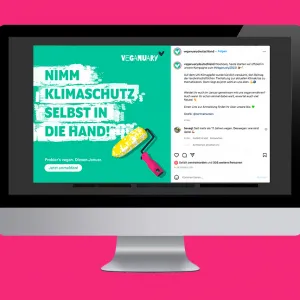 Social Media Post, mit dem Text: Nimm Klimaschutz selbst in die Hand! auf grünem Hintergrund, in Schablonenoptik gestaltet, dass es so wirkt als hätte der illustrierte Farbroller aus einem Maiskolben die weißen Farbbahnen aufgetragen