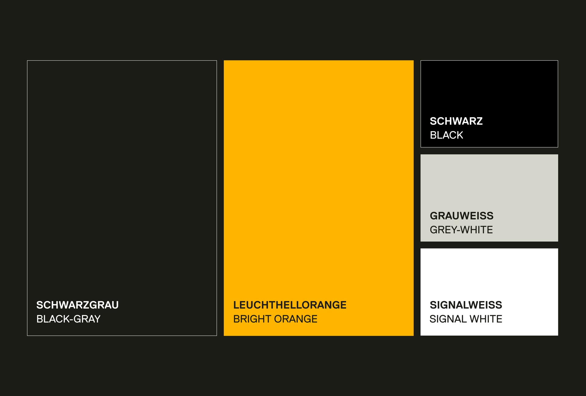 Kontrastreiche Farbpalette in Orange, Schwarz und Weiß, die Orientierung auf Baustellen verbessert und die Marke klar abhebt
