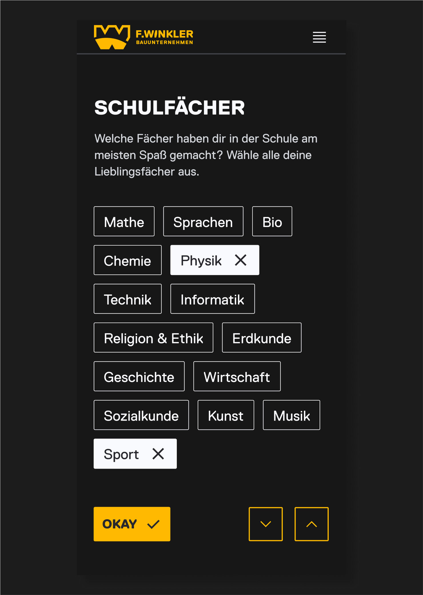 Der mobile Screen des Ausbildungs-Finders führt Nutzer:innen mittels gezielter Fragen, zum passenden Angebot