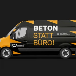 Vehicle wrap featuring large-scale typography: “Concrete Instead of an Office”