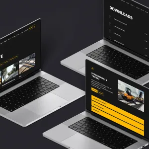 Desktop Screens zeigen die Winkler Projektseite, mit Bildkacheln und Überschriften, eine tabellarische Ansicht der Downloads auf der Downloadseite und die aufklappbaren Akkordione des Services Straßenbau und Tiefbau auf der Leistungen-Seite