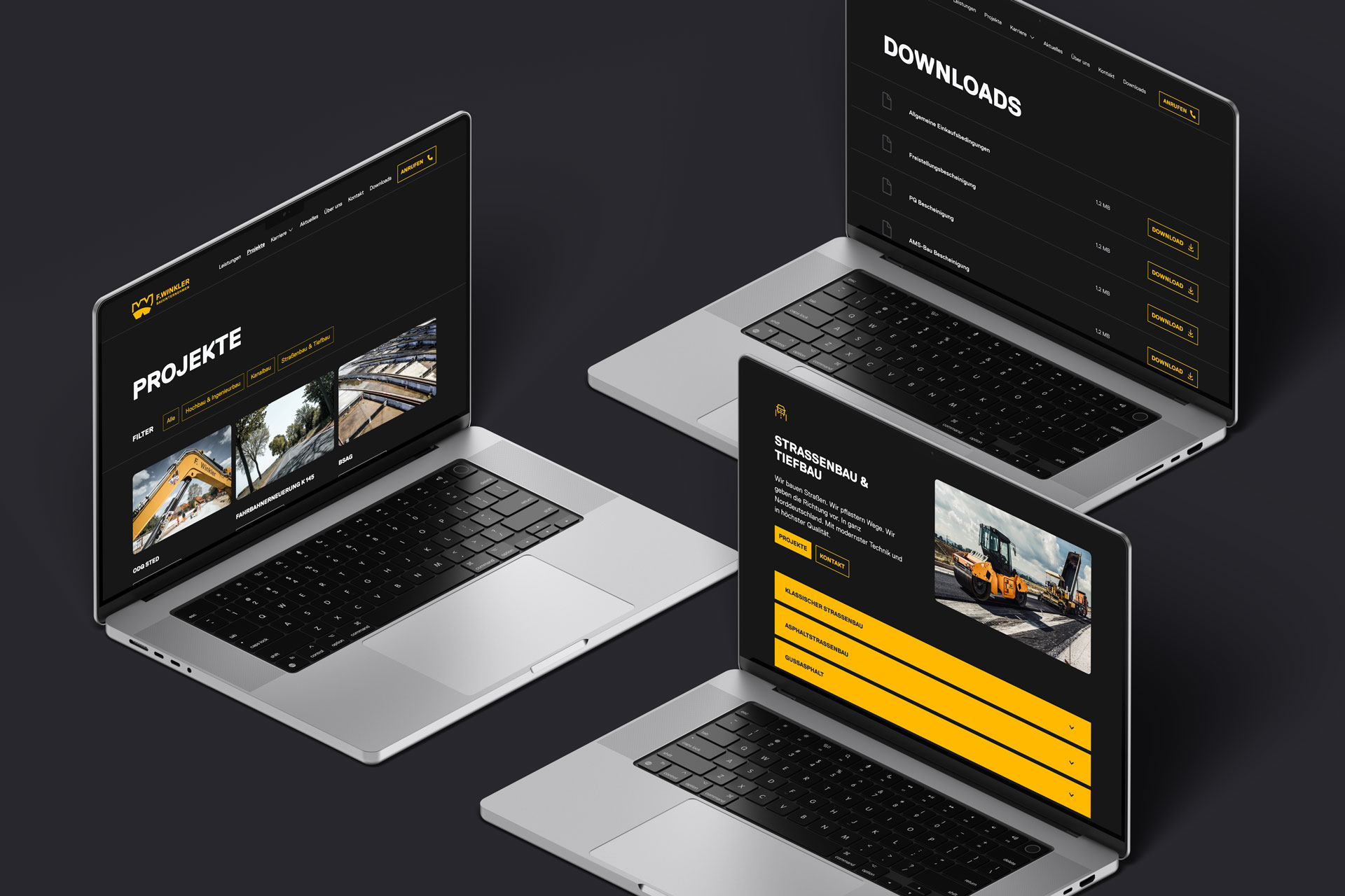 Desktop Screens zeigen die Winkler Projektseite, mit Bildkacheln und Überschriften, eine tabellarische Ansicht der Downloads auf der Downloadseite und die aufklappbaren Akkordione des Services Straßenbau und Tiefbau auf der Leistungen-Seite