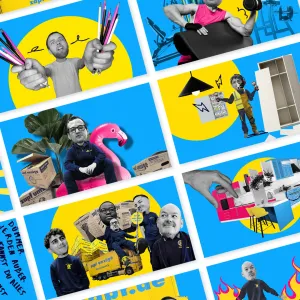 Collage Illustrationen, die Zapf-Mitarbeitende in ihrem Berufsalltag zeigen. Das typische Mittelblau und Gelb des Corporate Designs und ein knalliges Pink ergänzen die Fotocollagen grafisch.